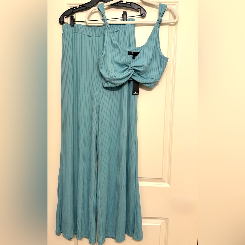 NWT Lulus Light Blue Sage Ribbed Knot Strap Top & Vibe Check Lounge Pants Set L